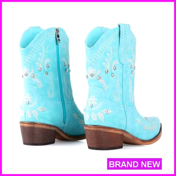 Rhinestone Embroidered Ankle Cowboy Boots Chunky Heel Western Booties Side - Picture 6 of 7